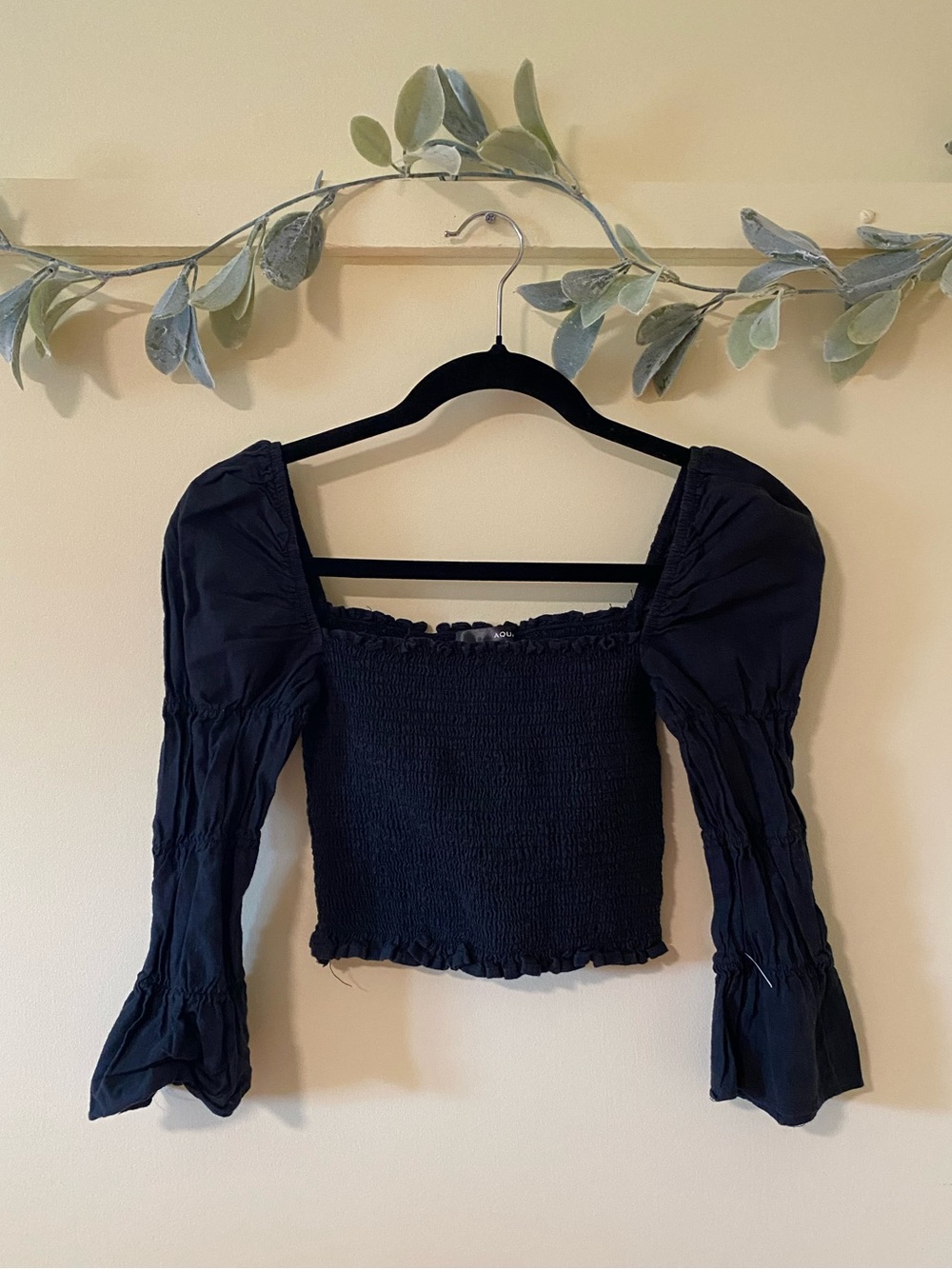 Aqua Black Puffed Sleeve Peasant Smocked Top